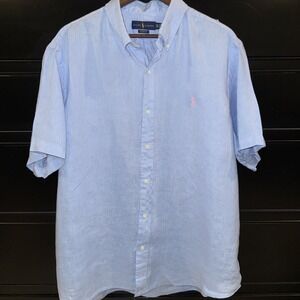 Ralph Lauren Classic Fit 100% Linen Button Down Shirt XXL Blue Pink Pony S/S